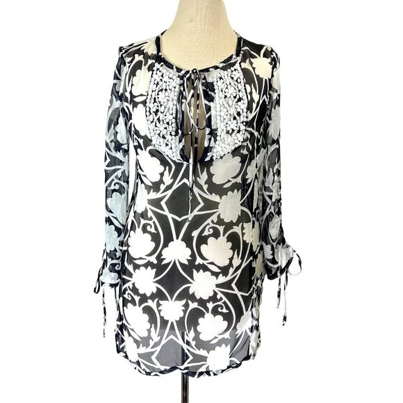 Milly Coverup Womens Size 6 Blk/White Silk Tunic  Beaded Boho Palm Print Beach - Picture 1 of 9